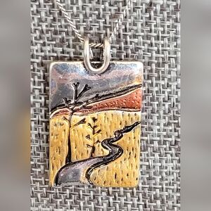 Vintage Pendant River/Brook andTrees with Delicate Chain Necklace